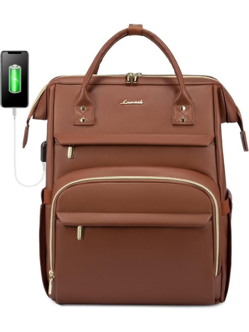 Stylish Leather Laptop Backpack for Women, 15.6" Travel Bag with USB Port, Brown